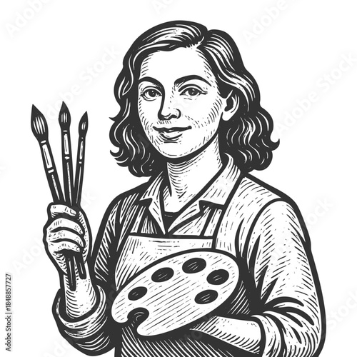 female artist paintbrushes and palette, creativity, art, and traditional craftsmanship sketch engraving generative ai fictional character vector illustration. Scratch board imitation. Black and white.