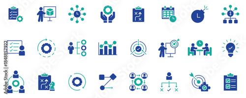 Editable stroke business strategy web icons set, vector illustration