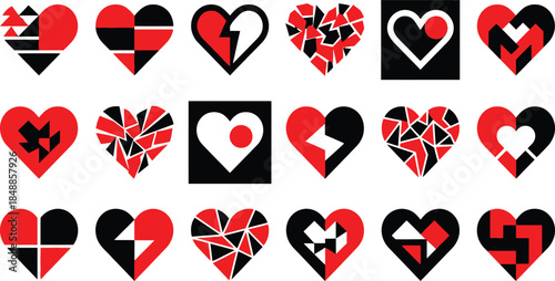Diverse collection of abstract red and black heart shapes with geometric and fractured designs
