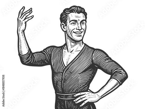 graceful male dancer raising one arm, symbolizing movement, expression, and classical performing arts sketch engraving generative ai vector illustration. Scratch board. Black and white.
