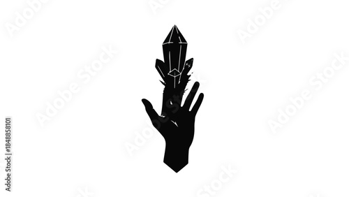 Mystical hand silhouette holding radiant crystal on white background, symbolizing magic and spirituality.