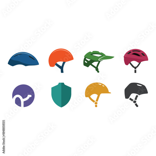 Collection of various bicycle helmets and safety icons