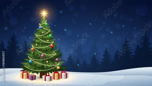 A Sparkling Christmas Scene: A beautifully decorated Christmas tree, adorned with twinkling lights and colorful ornaments, stands proudly amidst a serene winter landscape.