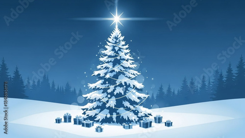 Celestial Christmas: A serene depiction of a snow-covered Christmas tree, radiating with a celestial star, set against a backdrop of a winter wonderland. Celebrating the spirit of the season.