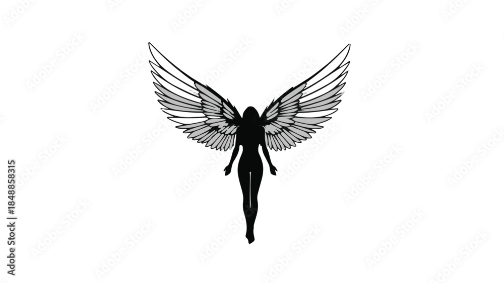 Naklejka premium Elegant silhouette of an angelic figure with outstretched wings against a stark white background.