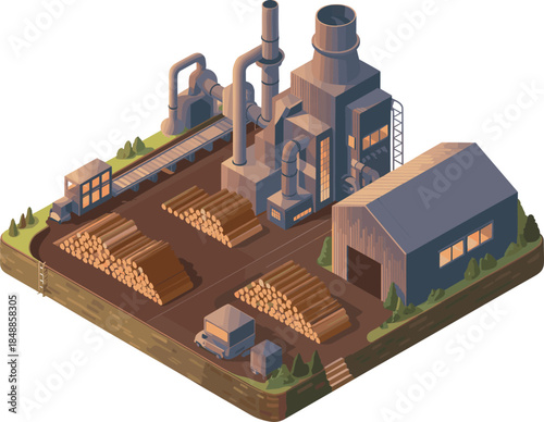 Sawmill or Wood Processing Plant - Isometric Illustration of Timber Industry Factory with Logs and Manufacturing Buildings