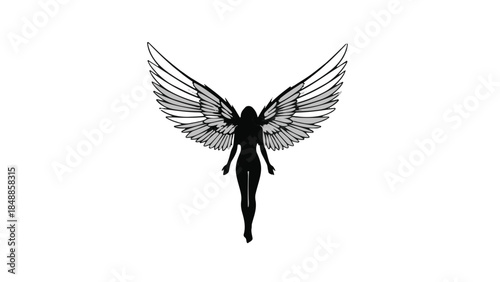 Elegant silhouette of an angelic figure with outstretched wings against a stark white background.