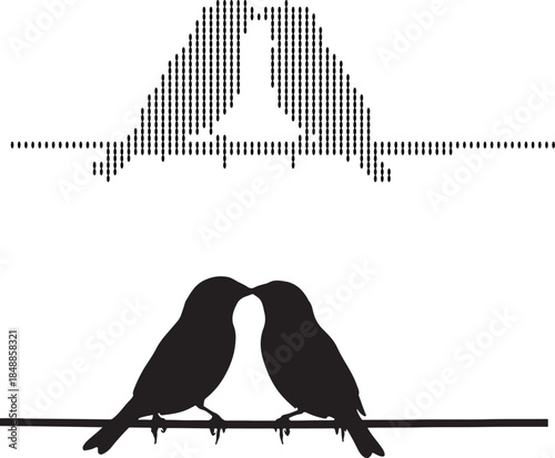 Two stylized birds kissing on a branch, love concept in silhouette, abstract art