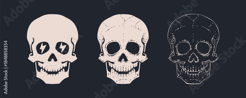 Death Skull Crossbones set. Retro hand drawn white skull, cross bones, white pirate flag. Vintage poster black skull skeleton, white background, celebration Halloween. Vector Illustration