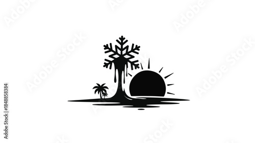 Melting snowflake atop a palm tree contrasts with a bright sun in a surreal landscape.