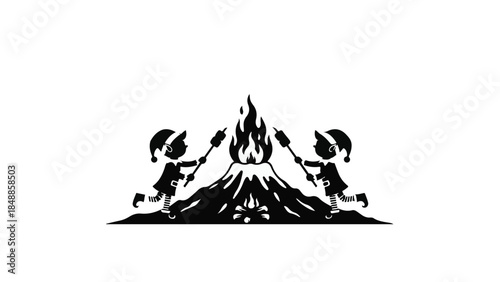 Two children in festive hats roast marshmallows over a cheerful campfire outdoors.