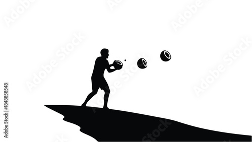 Silhouette of a person skillfully juggling on a cliff edge against a bright sky