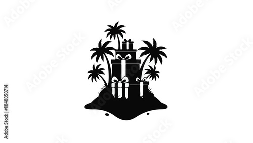 Tropical island paradise filled with holiday gift boxes under palm trees