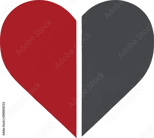 A heart shape split vertically with a red left half and a dark grey right half, separated by a thin white line.