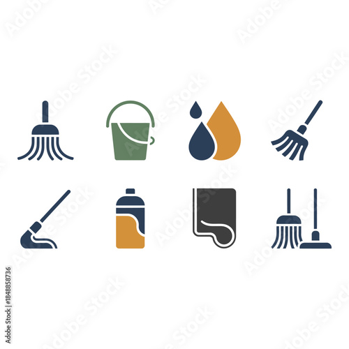 Cleaning tools and supplies icons set