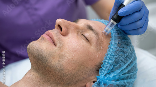 Professional dermatologist performing microneedling mesotherapy treatment on man's forehead in beauty clinic for skin rejuvenation