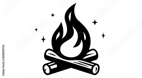Fire, flame, bonfire. Flame fire icon, abstract style on white background. Flat burn fire symbol, bonfire sign, flame campfire emoji. Camping fireball minimal graphic style. Vector Illustration