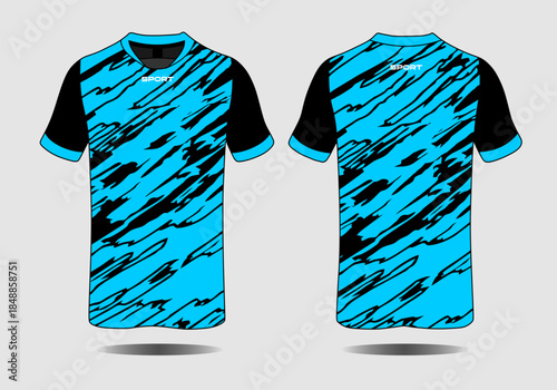 Bright Blue Sport Jersey with Dynamic Pattern on Front and Back View