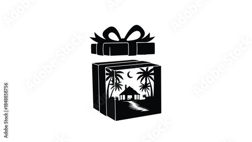 Surprise gift box opens to reveal a serene tropical island paradise at night.