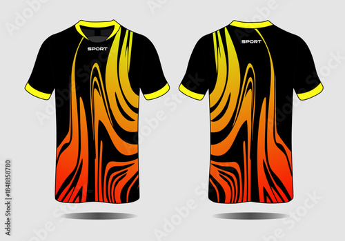 Energetic Sport Shirt Design with Vibrant Flames Pattern in Black, Yellow, and Orange