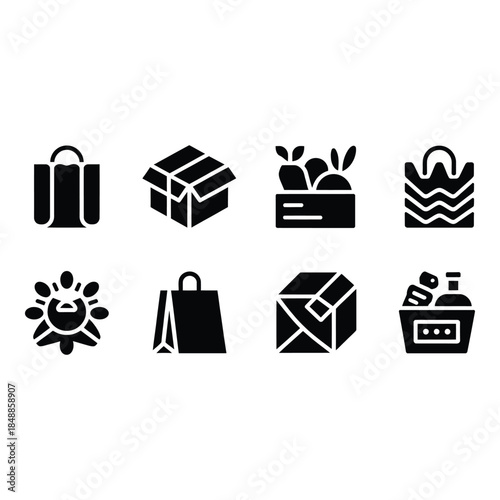 Collection of black shopping icons on white background