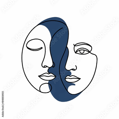 Abstract Line Art Faces with Blue Accent Minimalist Design.