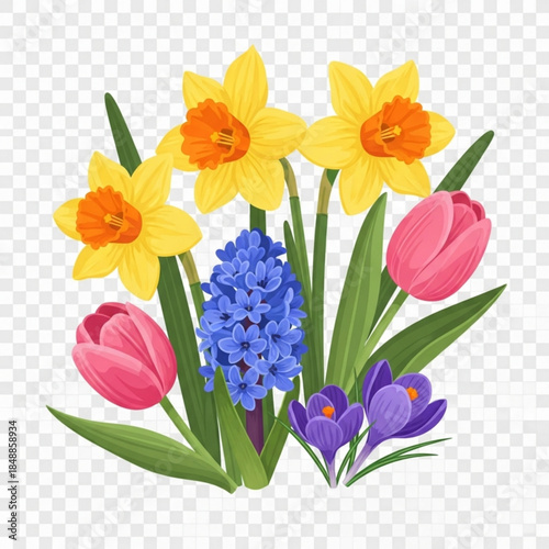 Floral Symphony: A vibrant ensemble of spring flowers, including daffodils, tulips, hyacinth, and crocus, creates a picturesque floral symphony.