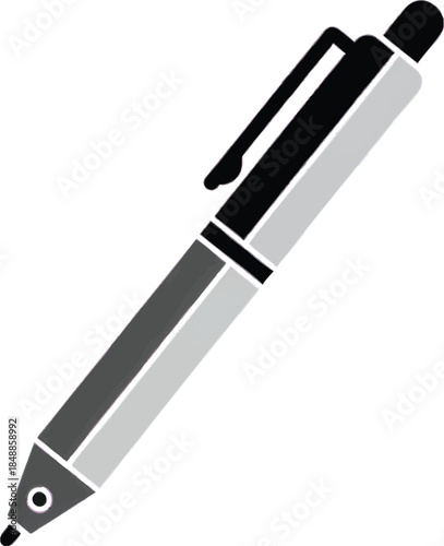 Stylized grayscale pen icon for writing, education, office, and business concepts. Vector illustration of a ballpoint pen with a clip on a white background.