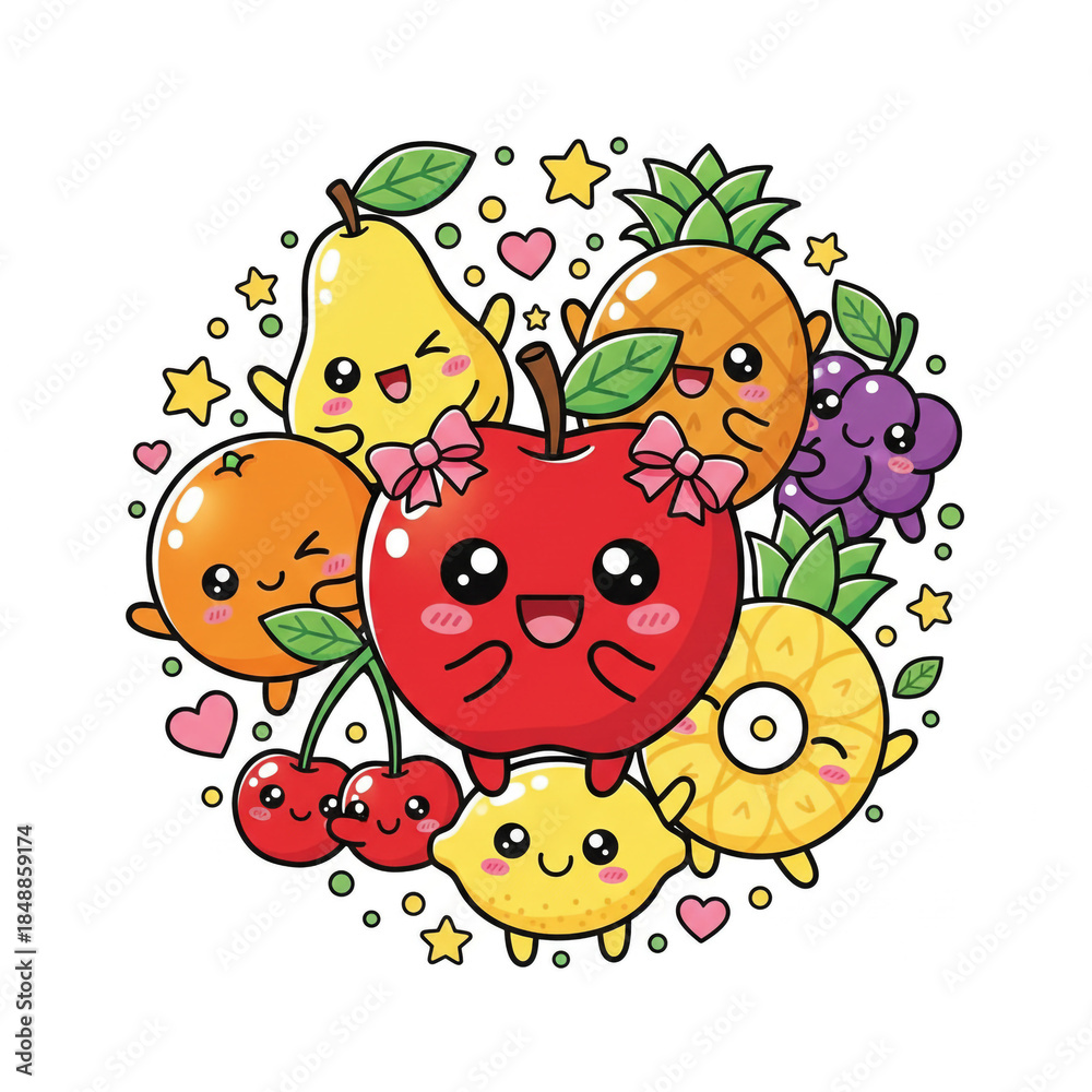 Fototapeta premium Cute cartoon fruits with smiling faces and colorful leaves