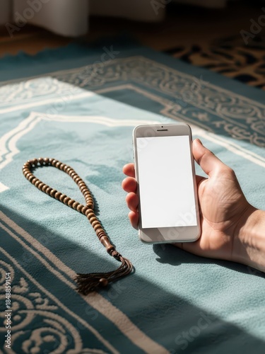 Hand Holding Smartphone Over Prayer Rug in Living Room for UI Mockup and Social Media Marketing
