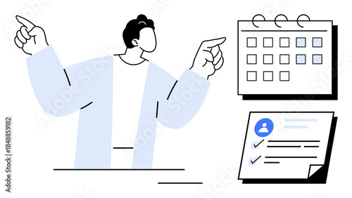 Time management, organization, task planning, productivity, professional workflow, team coordination. Person gesturing at a calendar and checklist. Time management and organization concept