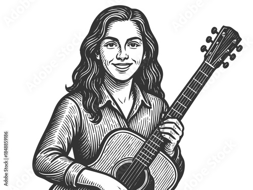 smiling woman with acoustic guitar, symbolizing music, creativity, traditional performance art sketch engraving generative ai fictional character vector illustration. Scratch board. Black and white.
