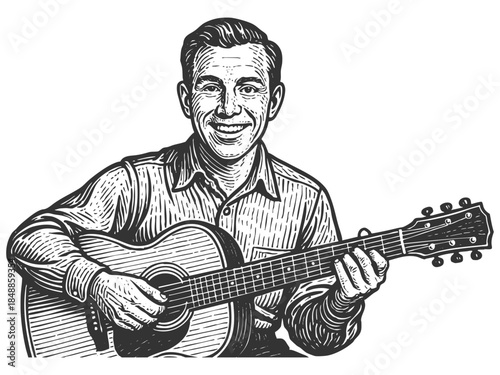 smiling man with acoustic guitar, symbolizing music, creativity, traditional performance art sketch engraving generative ai fictional character vector illustration. Scratch board. Black and white.