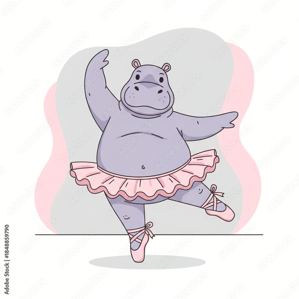 Fototapeta premium Adorable hippopotamus wearing a pink tutu dancing ballet, graceful animal character illustration
