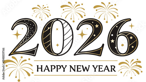 Shiny black 2026 New Year number logo with fireworks elements, isolated background-free in clean professional vector style.