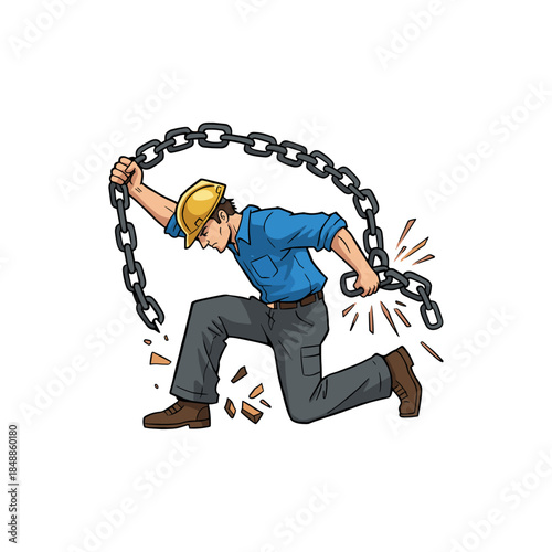 Construction Worker Breaking Chain, hardworking labour icon logo flat vector design