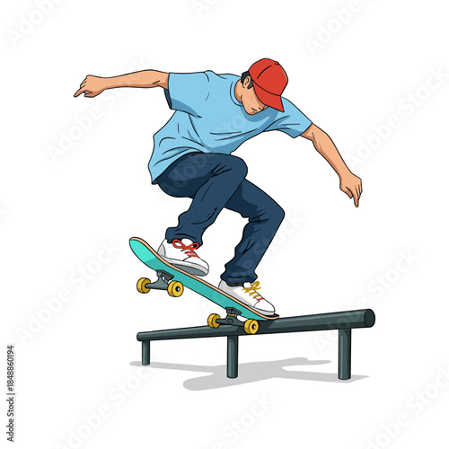 Skateboard trick on railing icon logo flat vector design