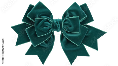 Isolated Emerald Green Velvet Ribbon Bow, Decorative Knot, Luxury Gift, Holiday Ornament, Elegant Tie