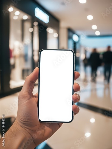Hand Holding Smartphone in Shopping Mall Corridor for UI Mockup and Social Media Marketing
