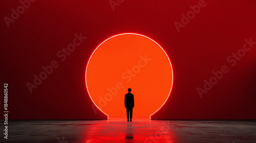 A person standing in front of a giant orange circle. The person is dwarfed by the size of the circle, creating a sense of wonder and awe. The background is a gradient of red.