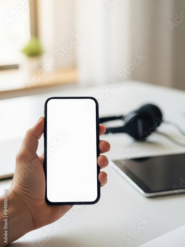 Hand Holding Smartphone Near Table with Headphones and Tablet for UI Mockup and Social Media Marketing