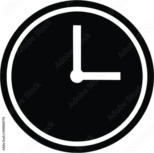 Minimalist Black Clock Icon with White Hands Indicating Three O'Clock - Time Management and Business Concept Symbol