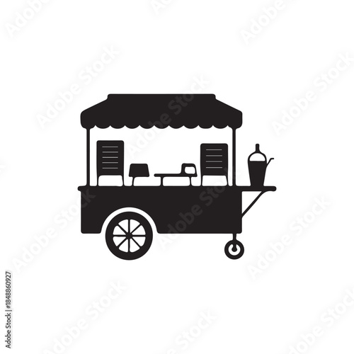 a simple black and white illustration depicts a food cart with a canopy wheels and various serving items