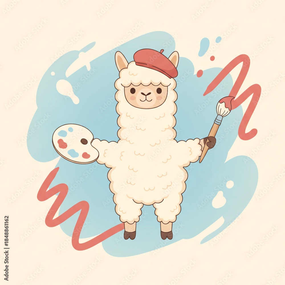 Obraz premium Adorable alpaca artist wearing a beret and painting with a brush, creative hobby illustration