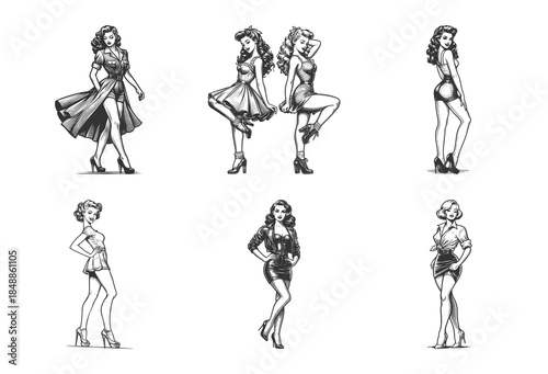 set of retro pin up women posing confidently in classic dresses and heels Set collection bundle sketch engraving generative ai vector illustration. Scratch board imitation. Black and white image.