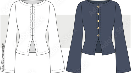 Women long bell sleeve fitted top, cardigan fashion technical drawing, illustration. CAD, mock up, flat. casual wear drawing, vector.