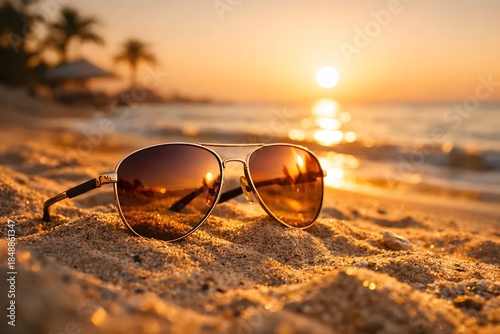 Wallpaper Mural Sunglasses on Beach at Sunset for Travel, Lifestyle and Summer Brand Marketing Torontodigital.ca