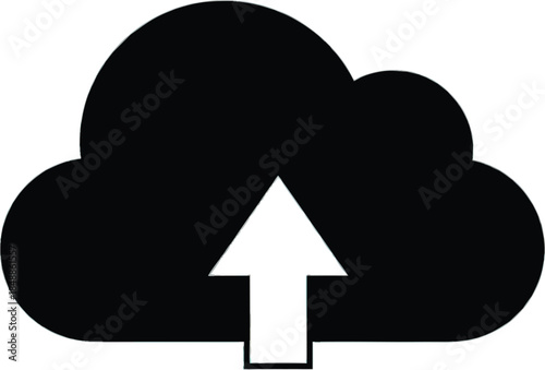 Black Cloud Upload Icon with White Arrow, Symbolizing Data Transfer, Digital Backup, Online Storage, and Cloud Computing.