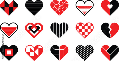 Fifteen unique red and black heart icons showcasing love, emotion, and geometric design
