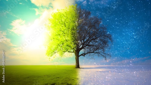 A Single Tree Symbolizing the Duality of Day and Night, Life and Dormancy, with Vibrant Green Foliage Under Sunlight and Bare Branches Under a Starry Sky